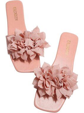 Women's Pink 3D Floral Square Open Toe Single Band Casual Slip on Flats Slides